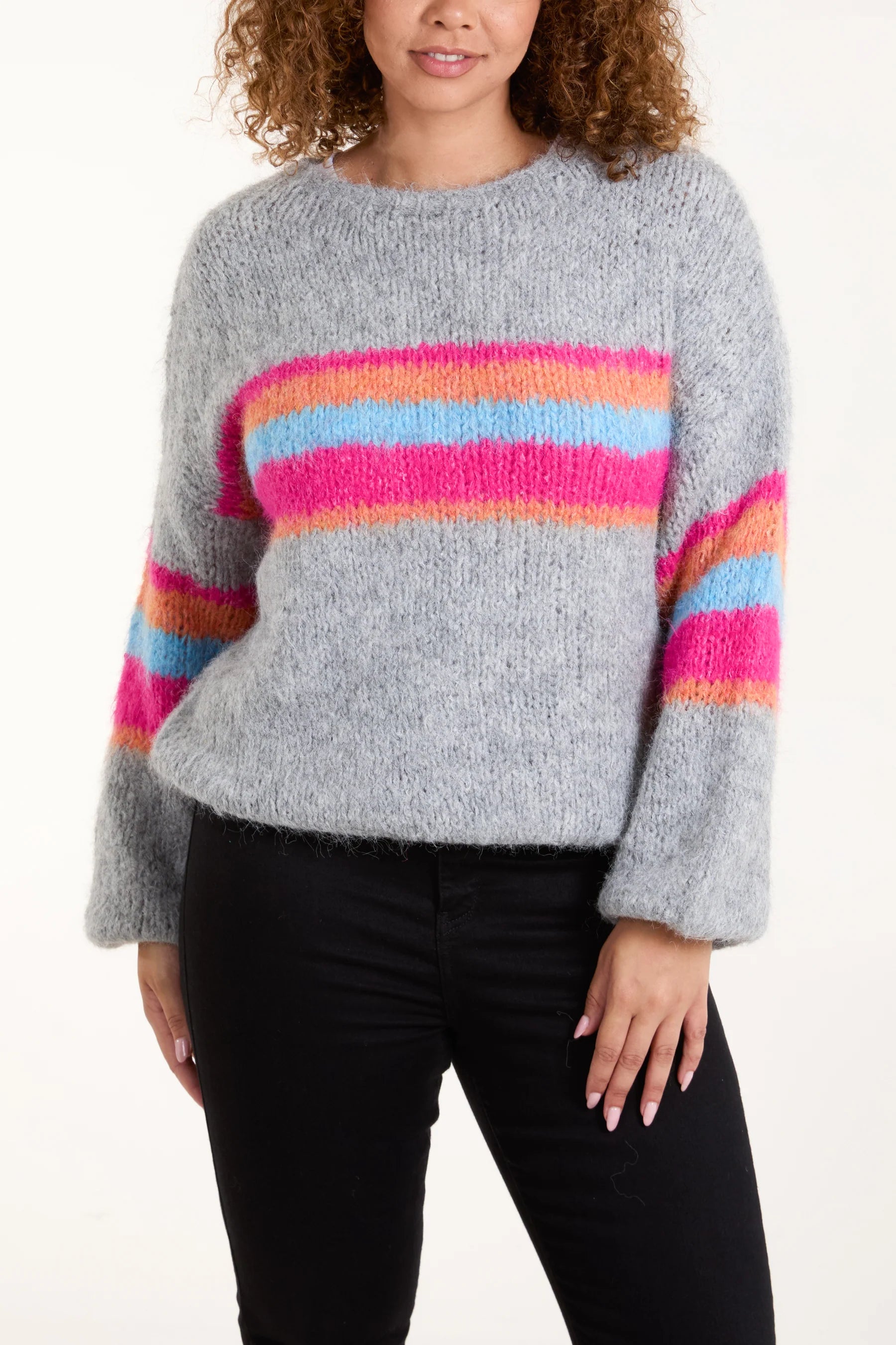 The Edit Grey Super Soft Rainbow Stripe Knitted Jumper