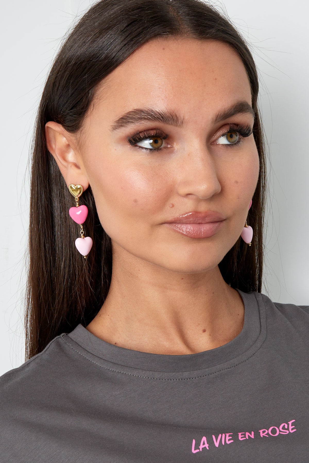 The Edit - Lovers Triple Pink Heart Drop Earrings in Gold