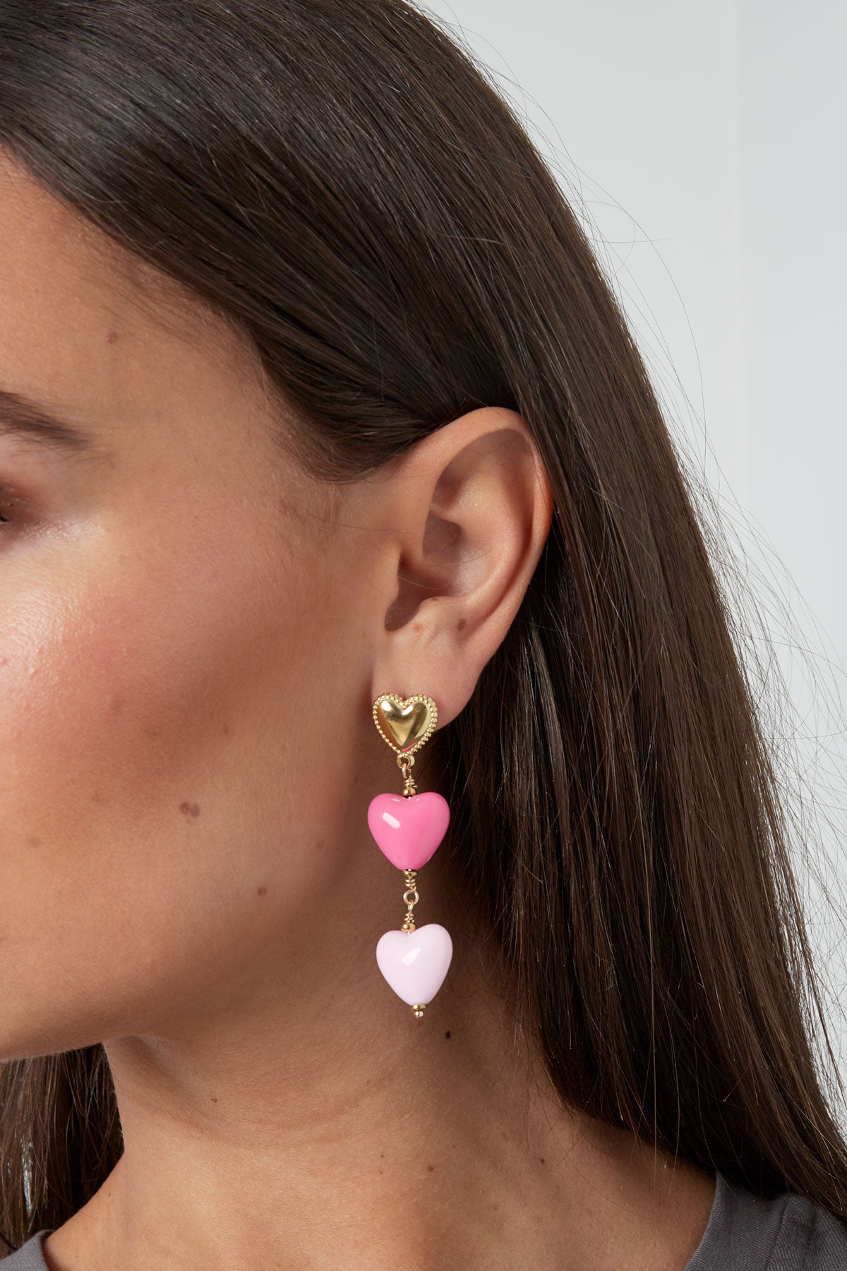 The Edit - Lovers Triple Pink Heart Drop Earrings in Gold