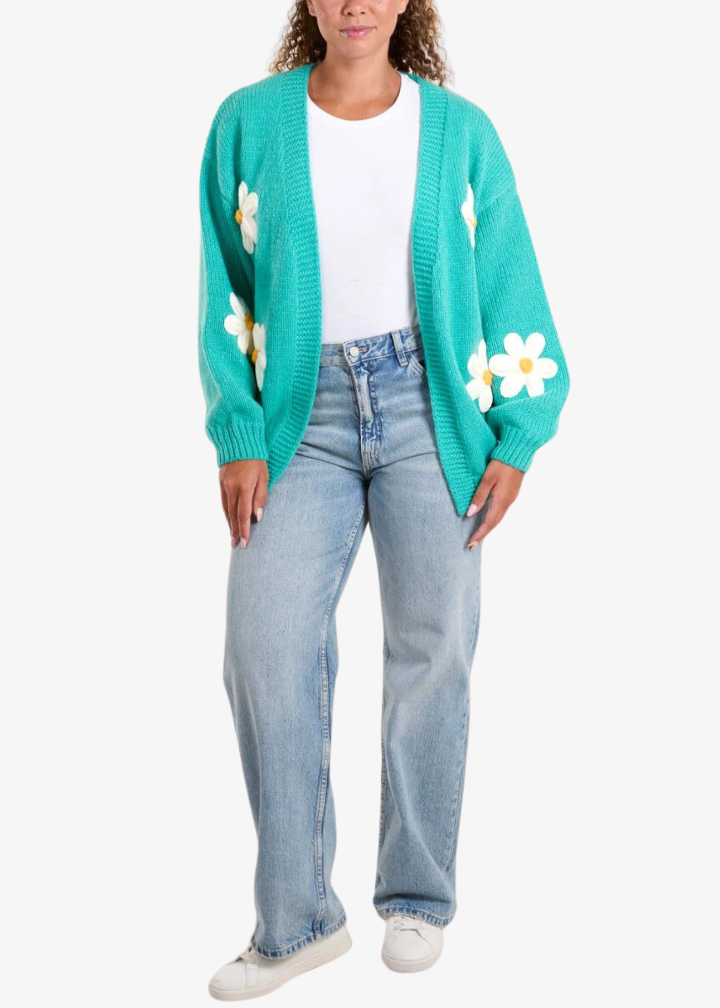 The Edit - Bright Teal Chunky Knit Embroidered 3D Daisy Cardigan