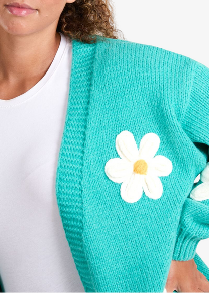 The Edit - Bright Teal Chunky Knit Embroidered 3D Daisy Cardigan