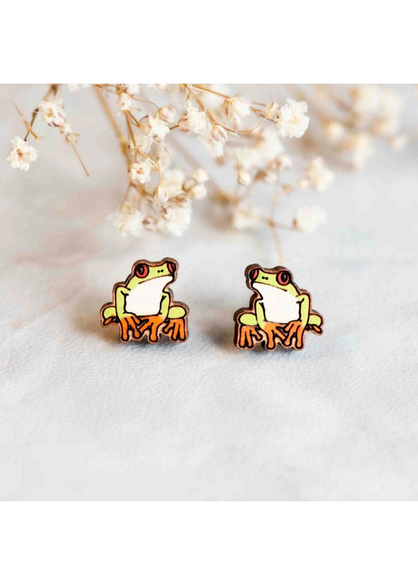 Robin Valley - Tree Frog Cherry Wood Stud Earrings