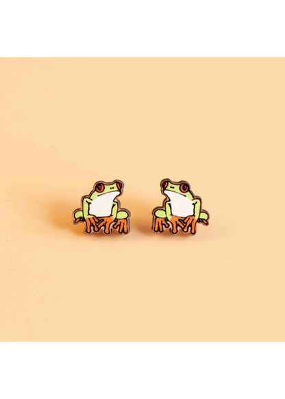 Robin Valley - Tree Frog Cherry Wood Stud Earrings