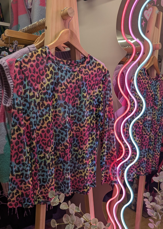 The Edit - Cosmic Rainbow Leopard Print Sheer Mesh Long Sleeve Top