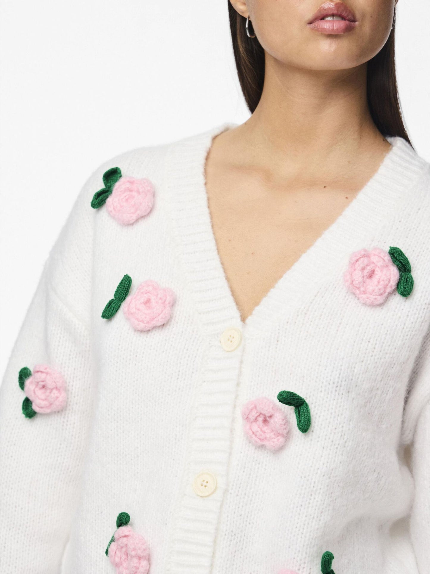 Pieces - White Chunky Knit Cardigan with Pink Roses