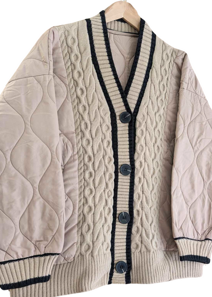 The Edit - Taupe Varsity Quilted Panel Cardigan