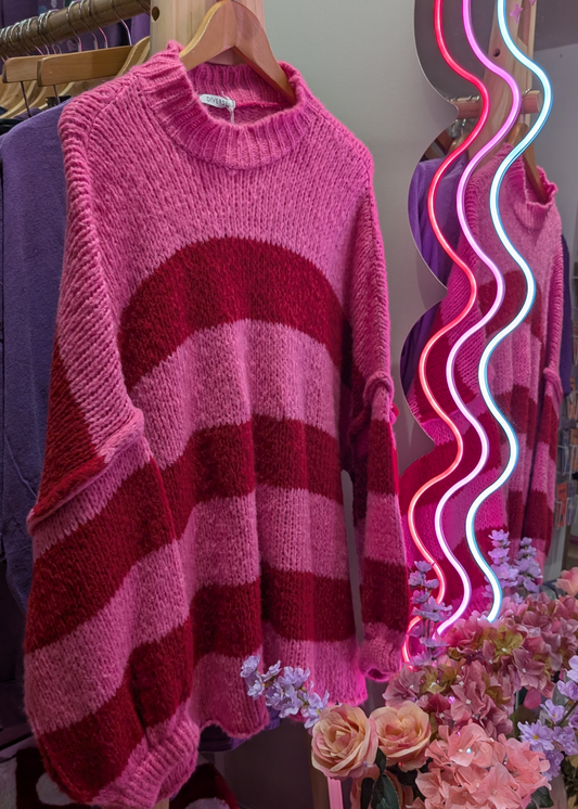 The Edit - Pink & Red Oversized Stripe Knit Jumper