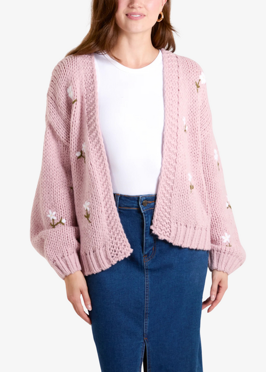 The Edit - Blush Pink Chunky Knit Embroidered Flower Cardigan