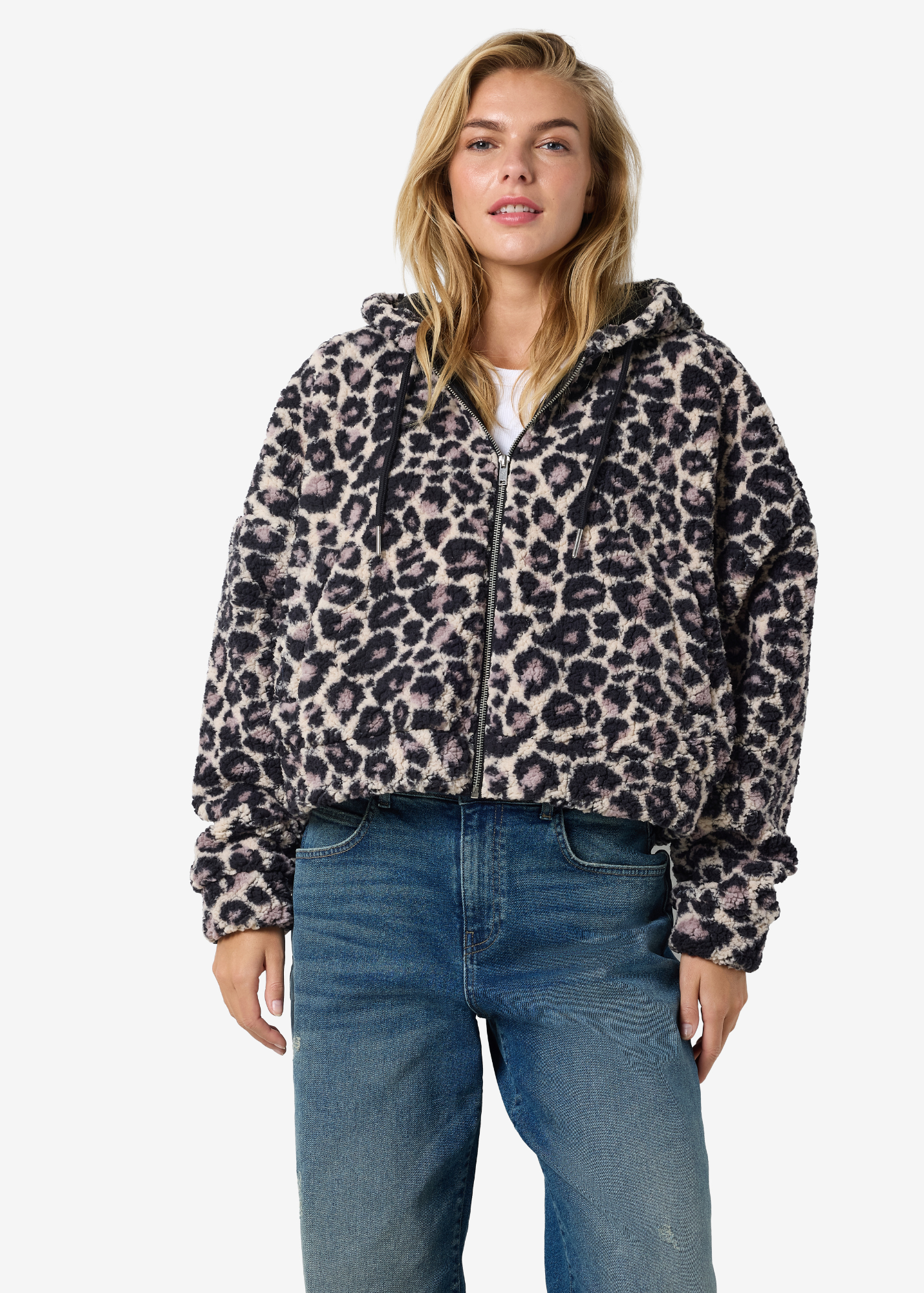 Noisy May - Cropped Fleecy Leopard Print Teddy Jacket with Hood