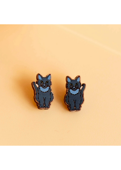 Robin Valley - Sitting Black Cat Cherry Wood Stud Earrings