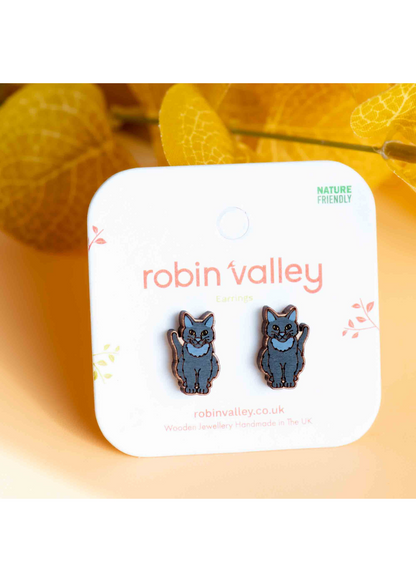 Robin Valley - Sitting Black Cat Cherry Wood Stud Earrings