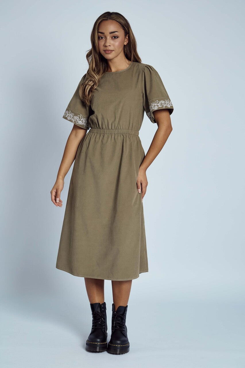 Native Youth - Khaki Embroidered Midi Smock Dress