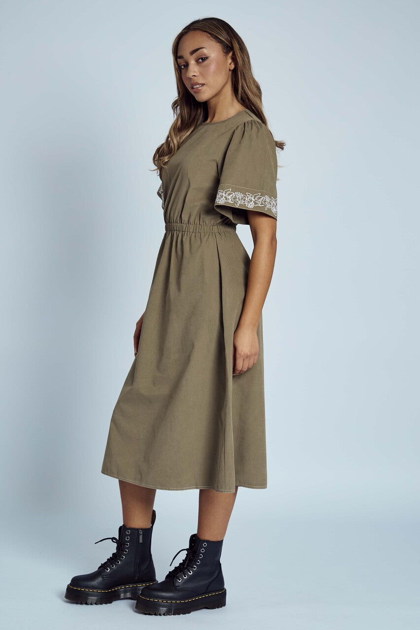 Native Youth - Khaki Embroidered Midi Smock Dress