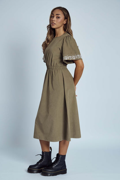 Native Youth - Khaki Embroidered Midi Smock Dress