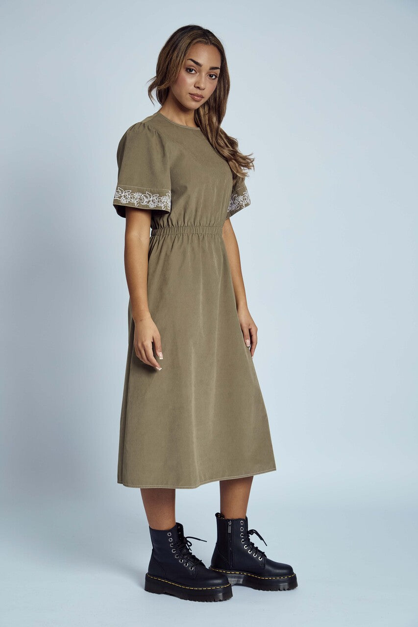 Native Youth - Khaki Embroidered Midi Smock Dress