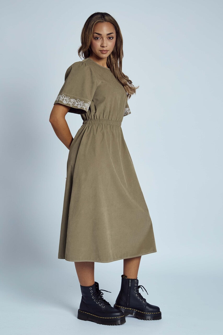 Native Youth - Khaki Embroidered Midi Smock Dress