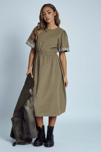 Native Youth - Khaki Embroidered Midi Smock Dress