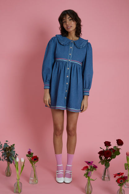 Neon Rose - Ayla RicRac Denim Frill Collar Mini Dress