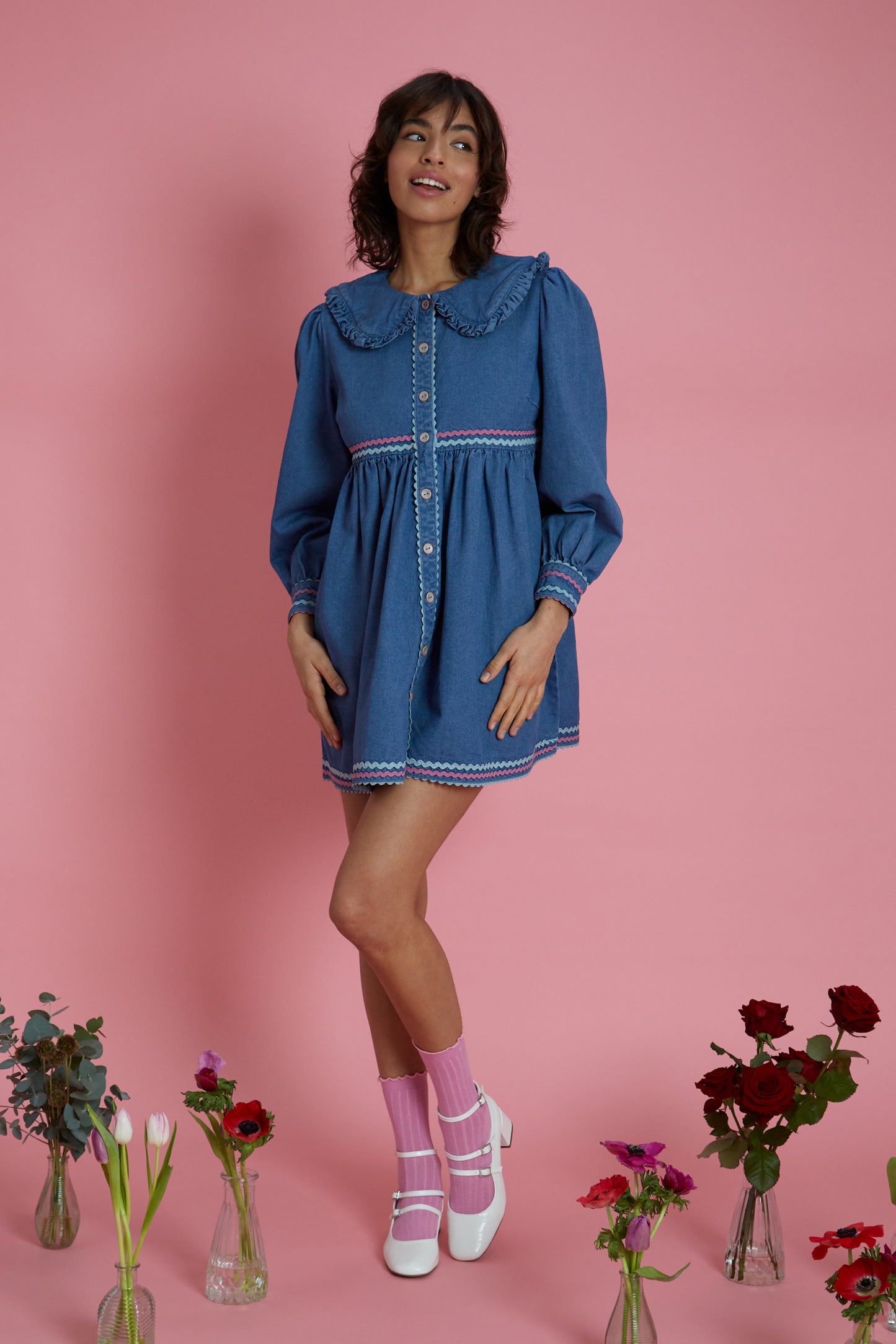 Neon Rose - Ayla RicRac Denim Frill Collar Mini Dress