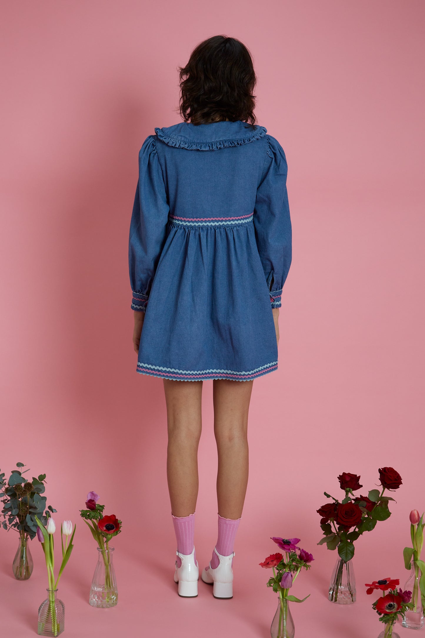 Neon Rose - Ayla RicRac Denim Frill Collar Mini Dress