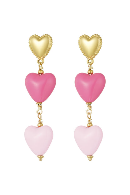 The Edit - Lovers Triple Pink Heart Drop Earrings in Gold