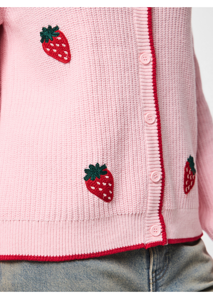 Pieces - Pink Strawberry Embroidery Cardigan