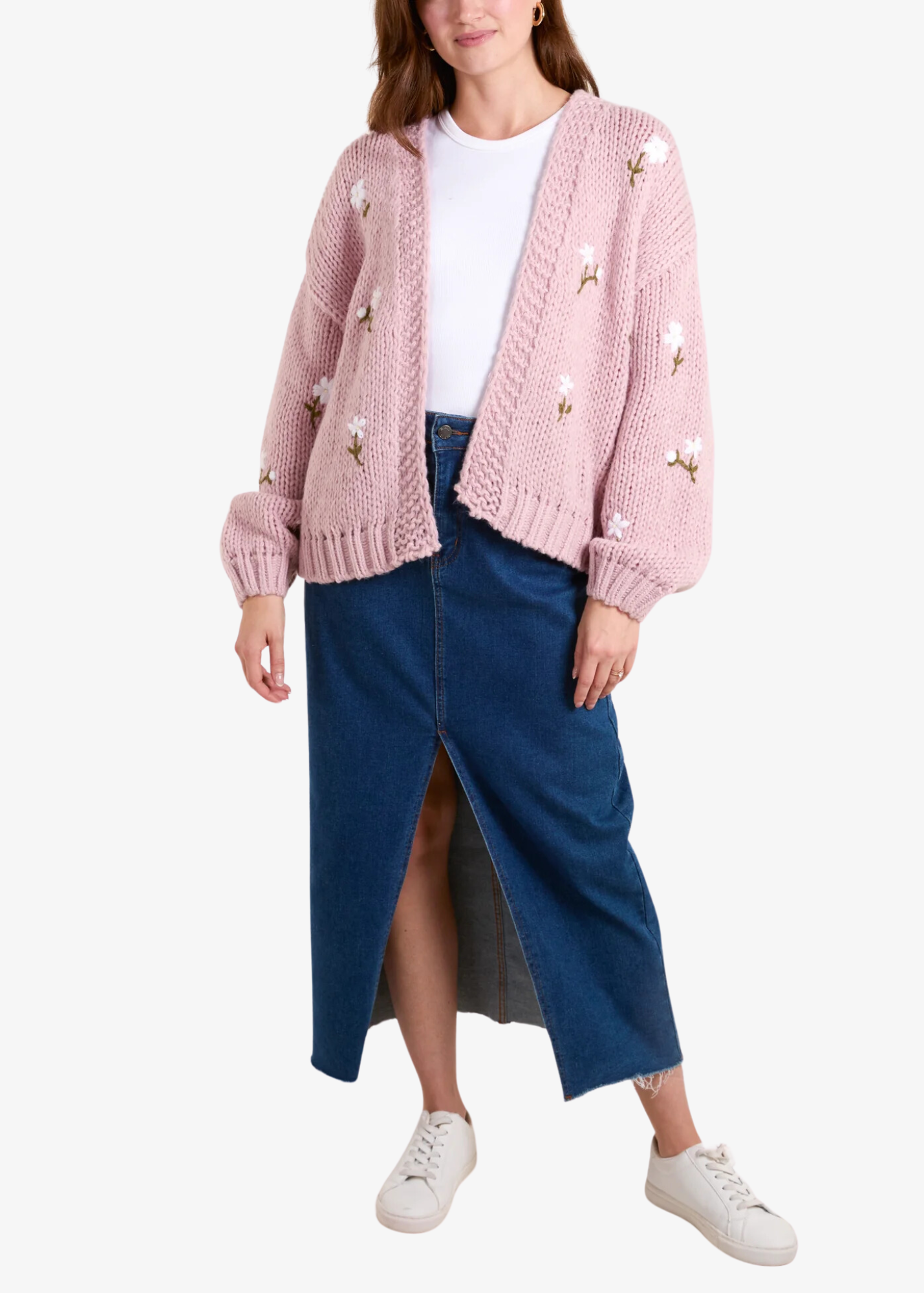 The Edit - Blush Pink Chunky Knit Embroidered Flower Cardigan