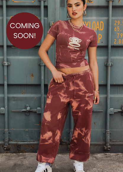 Daisy Street x Paul Frank - Spray Effect Burgundy Joggers with Embroidered Branding