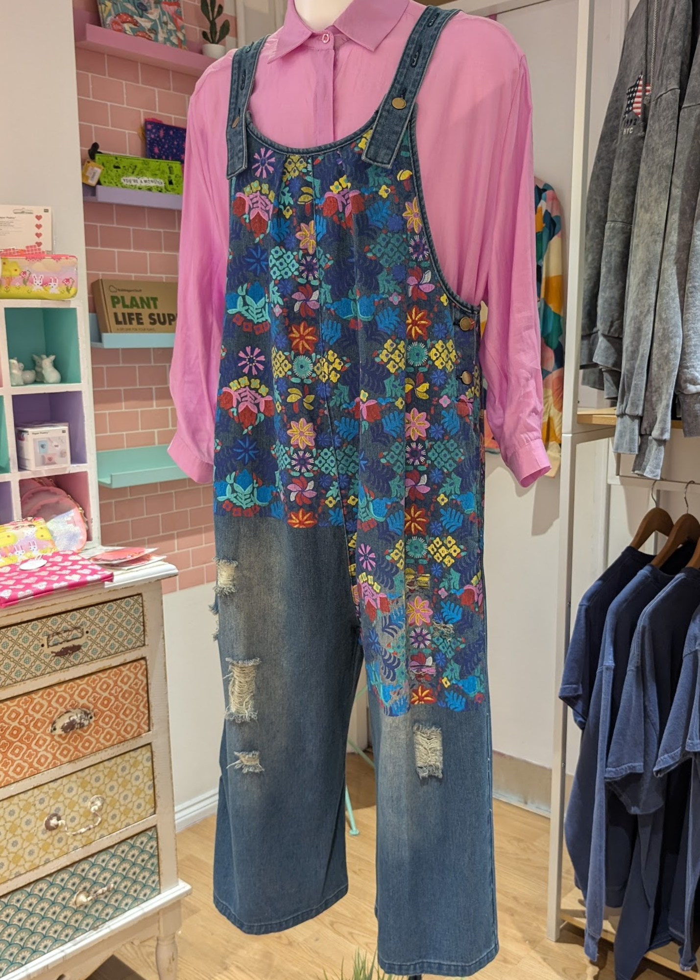 The Edit - Painted Flower Denim Dungarees