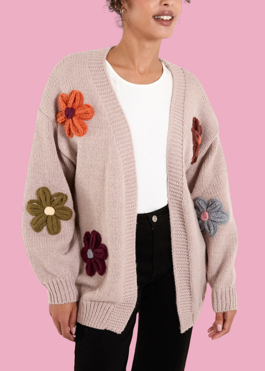 The Edit - Chunky Knit Large 3D Daisy Cardigan in Taupe
