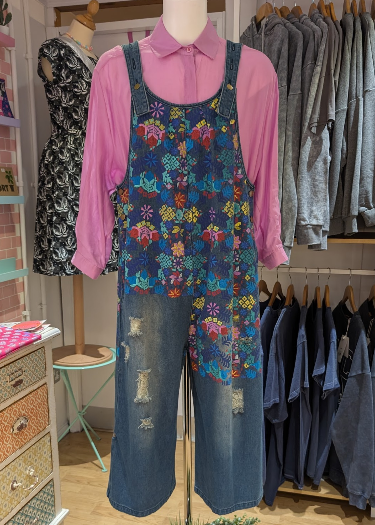 The Edit - Painted Flower Denim Dungarees