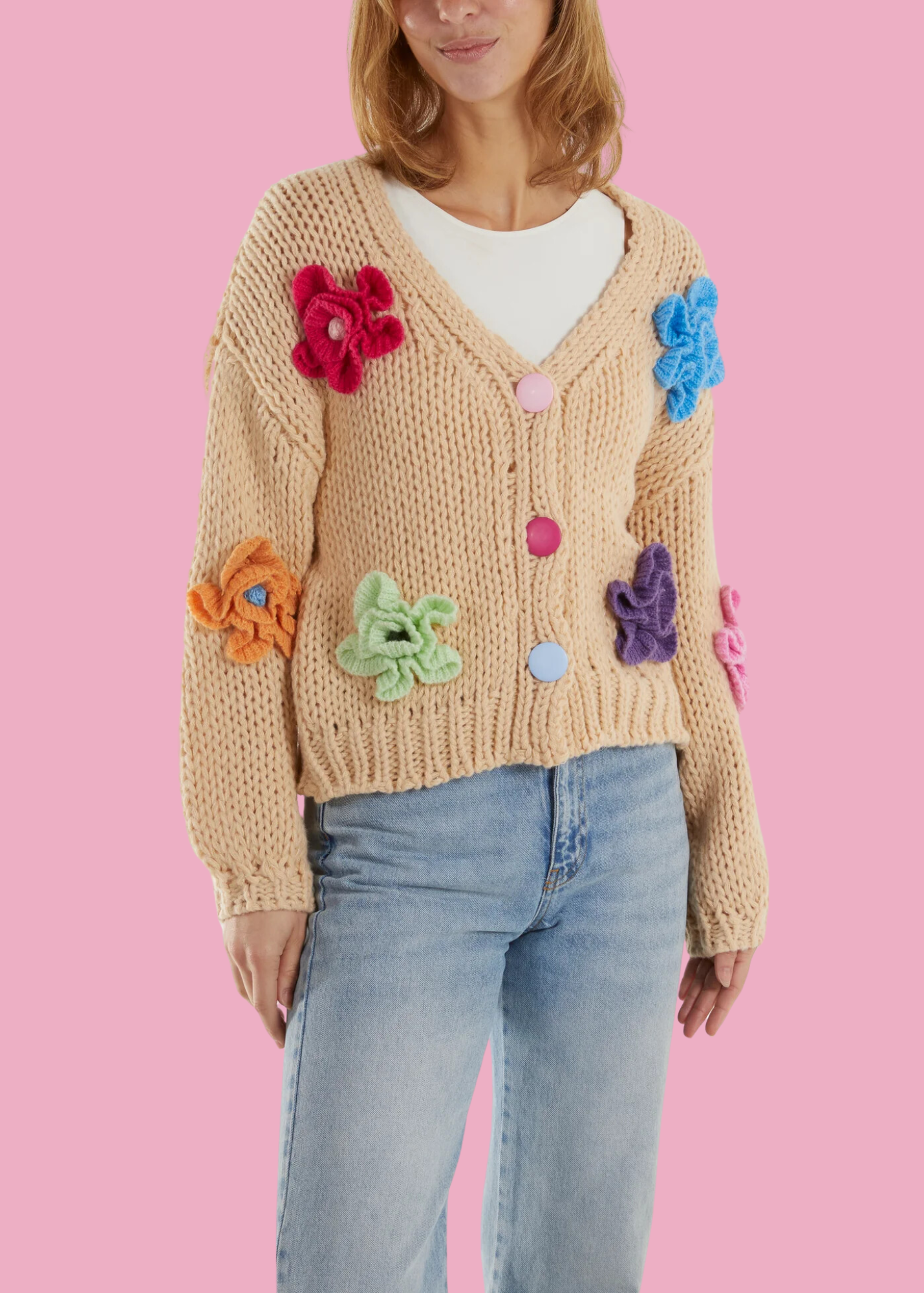 The Edit -    Multicoloured Frilly Flower Chunky Knit Cardigan in Stone