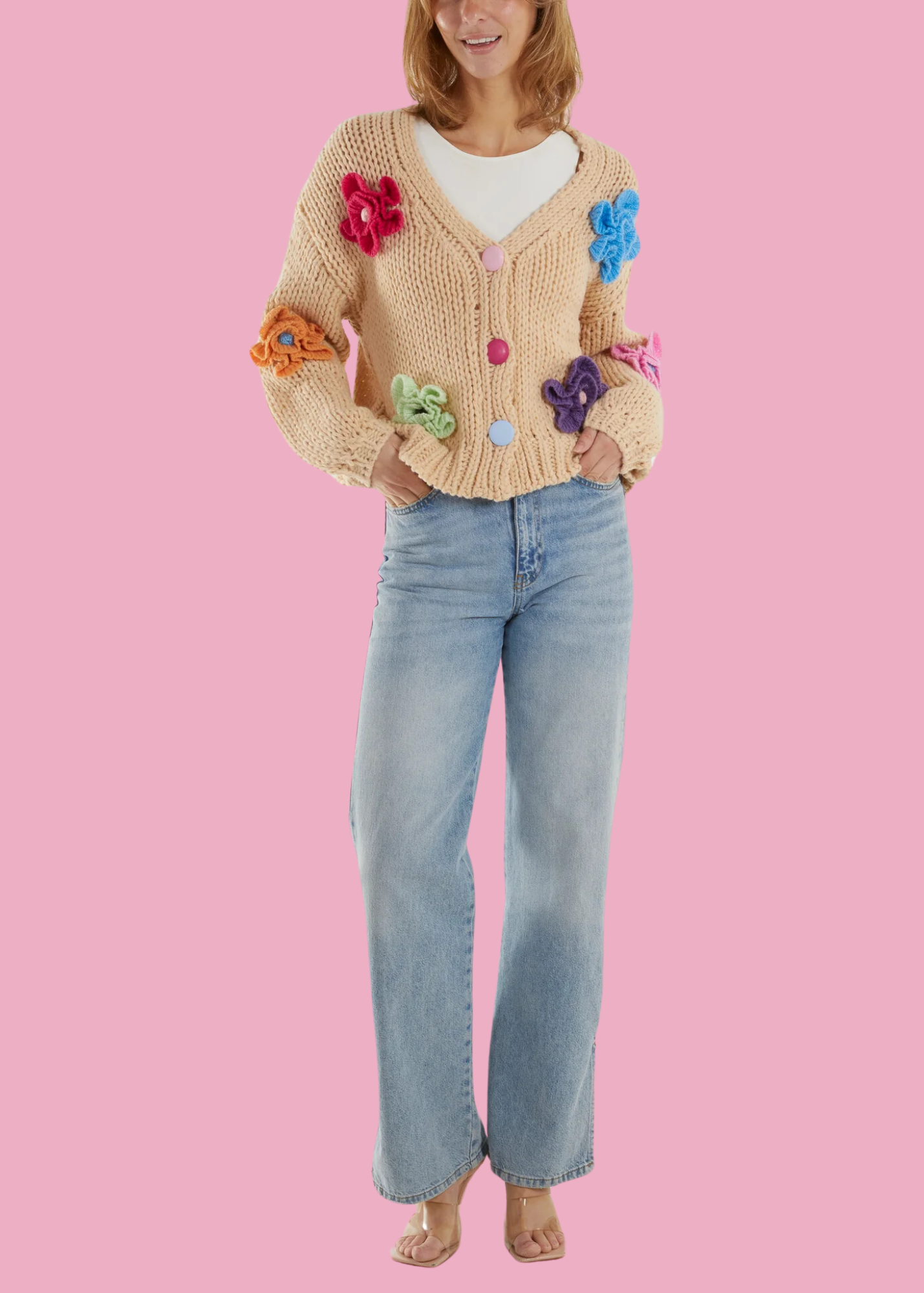 The Edit -    Multicoloured Frilly Flower Chunky Knit Cardigan in Stone