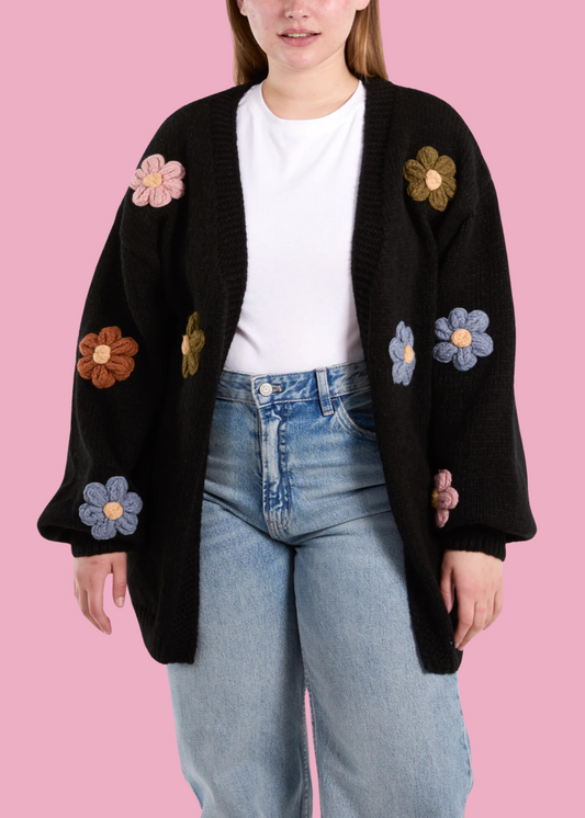 The Edit - Chunky Knit Large 3D Daisy Cardigan in Black