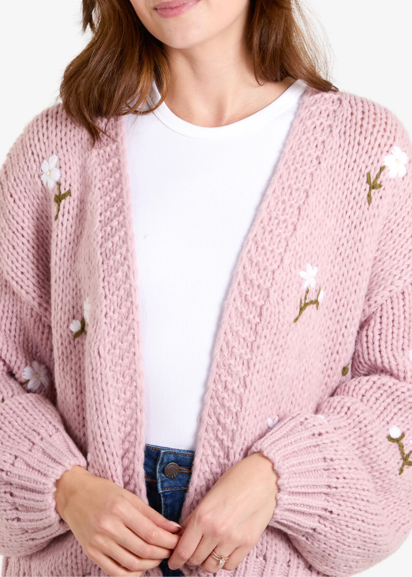 The Edit - Blush Pink Chunky Knit Embroidered Flower Cardigan