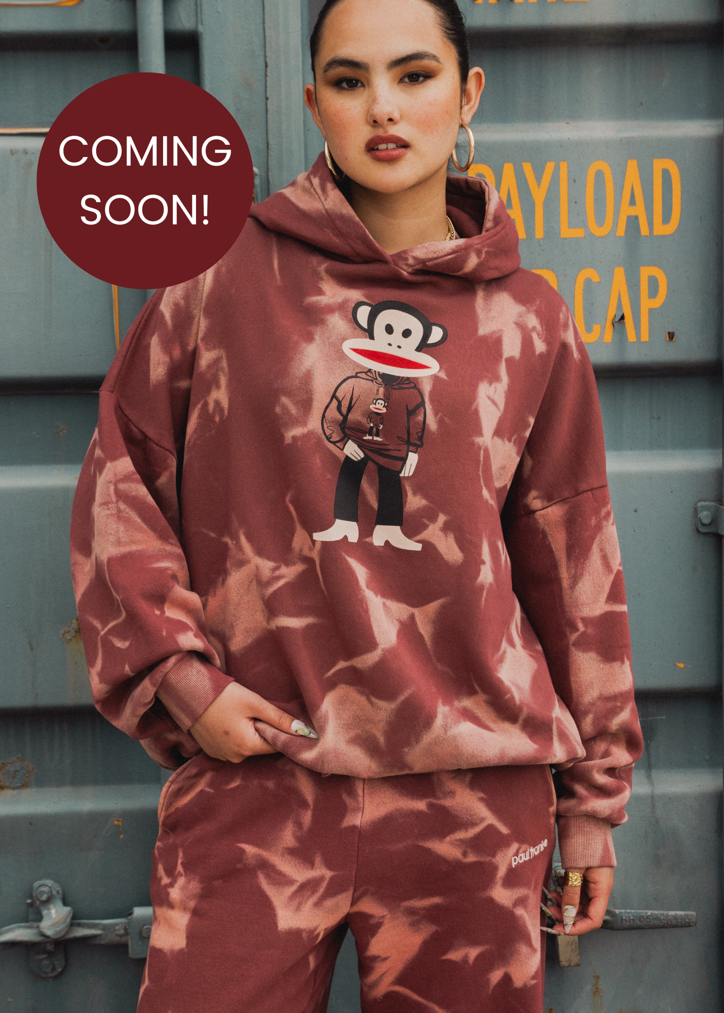 Daisy Street x Paul Frank - Spray Effect Burgundy Hoodie with Julius Printed Graphic