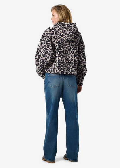 Noisy May - Cropped Fleecy Leopard Print Teddy Jacket with Hood