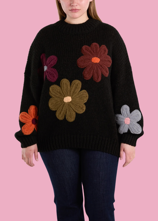 The Edit - Black Knit Jumper with 3D Flowers