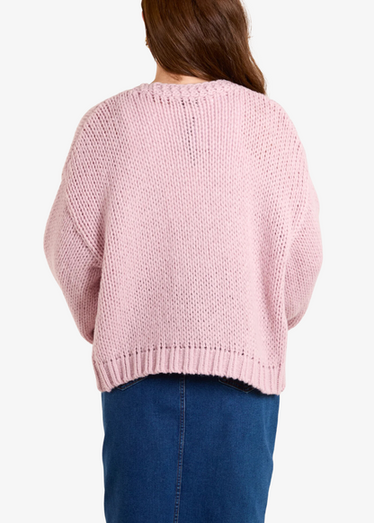 The Edit - Blush Pink Chunky Knit Embroidered Flower Cardigan