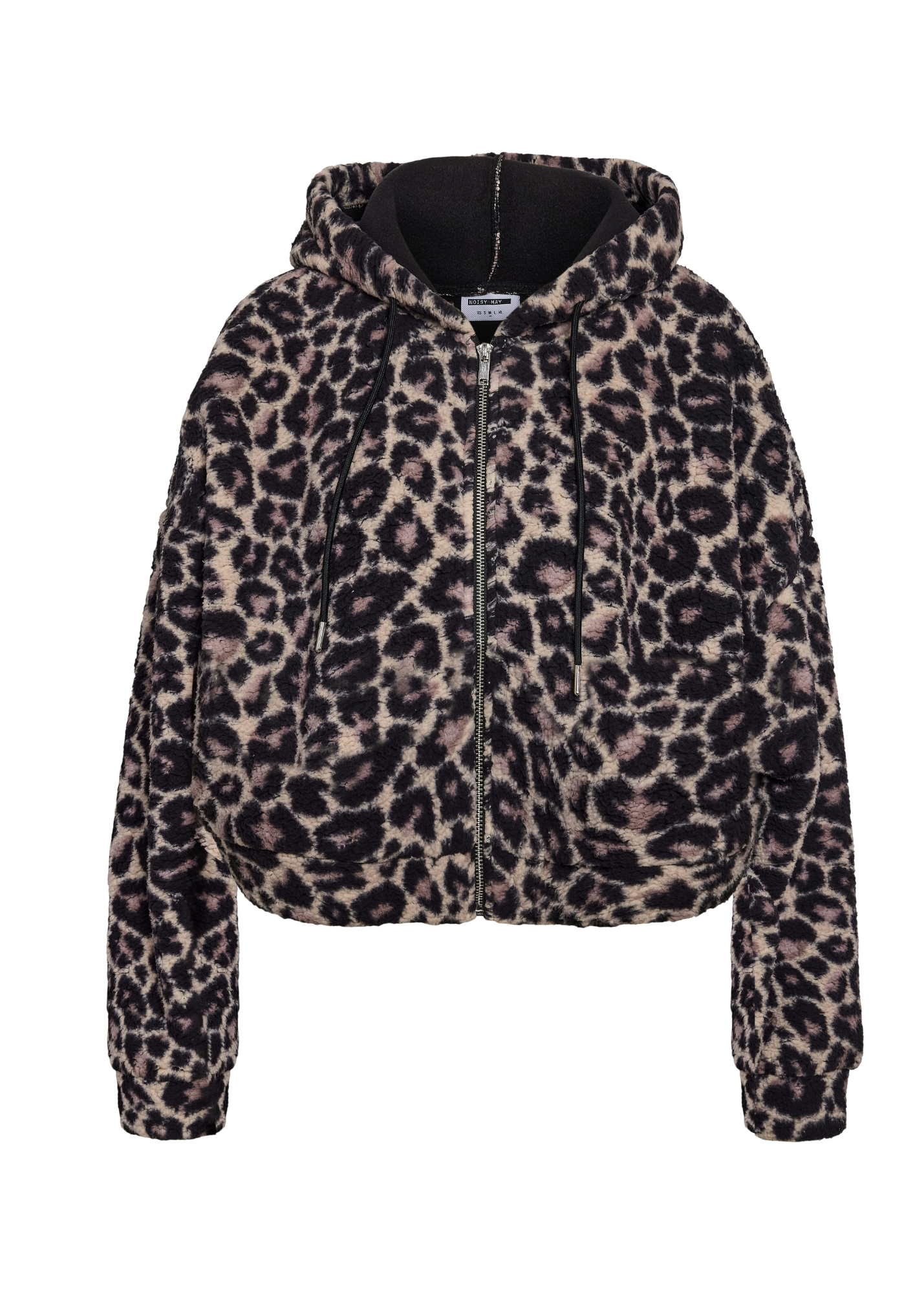 Noisy May - Cropped Fleecy Leopard Print Teddy Jacket with Hood