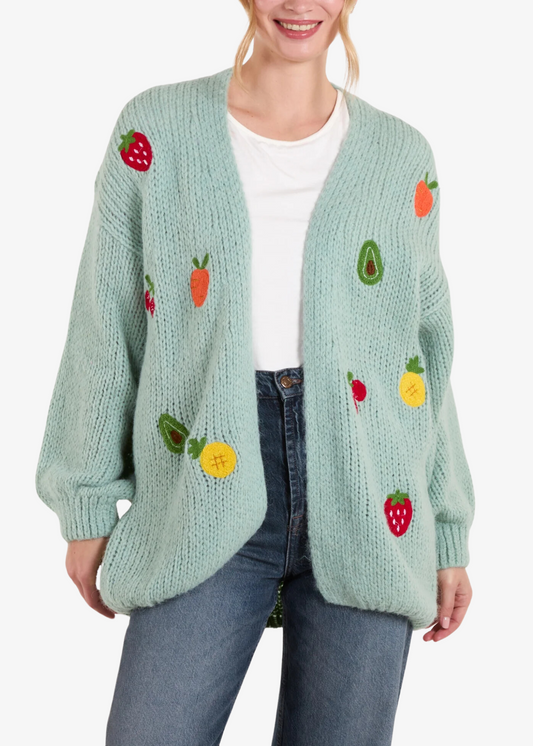 The Edit - Sage Green Chunky Knit Embroidered Fruit & Veg Cardigan