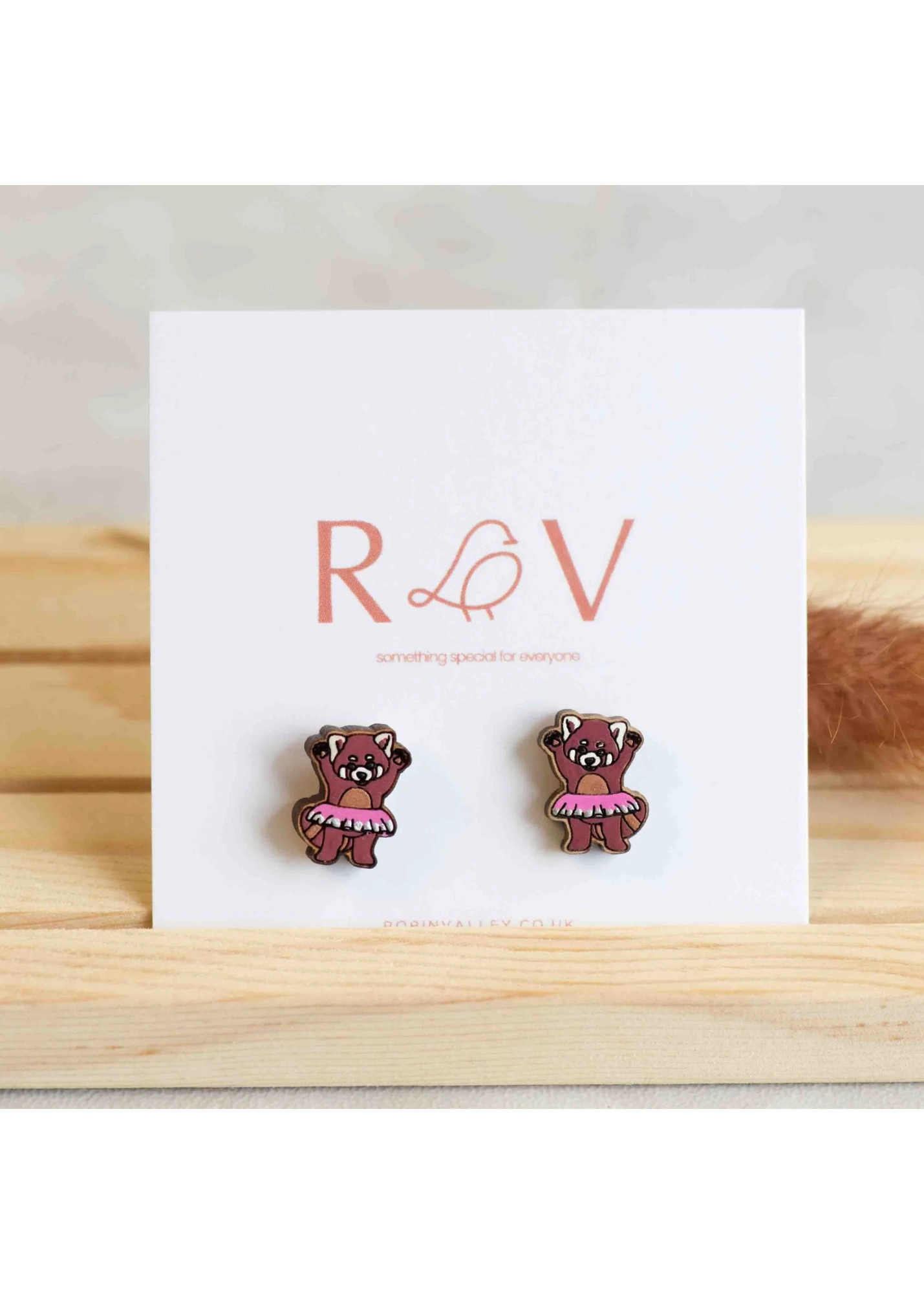 Robin Valley - Dancing Red Panda Cherry Wood Stud Earrings