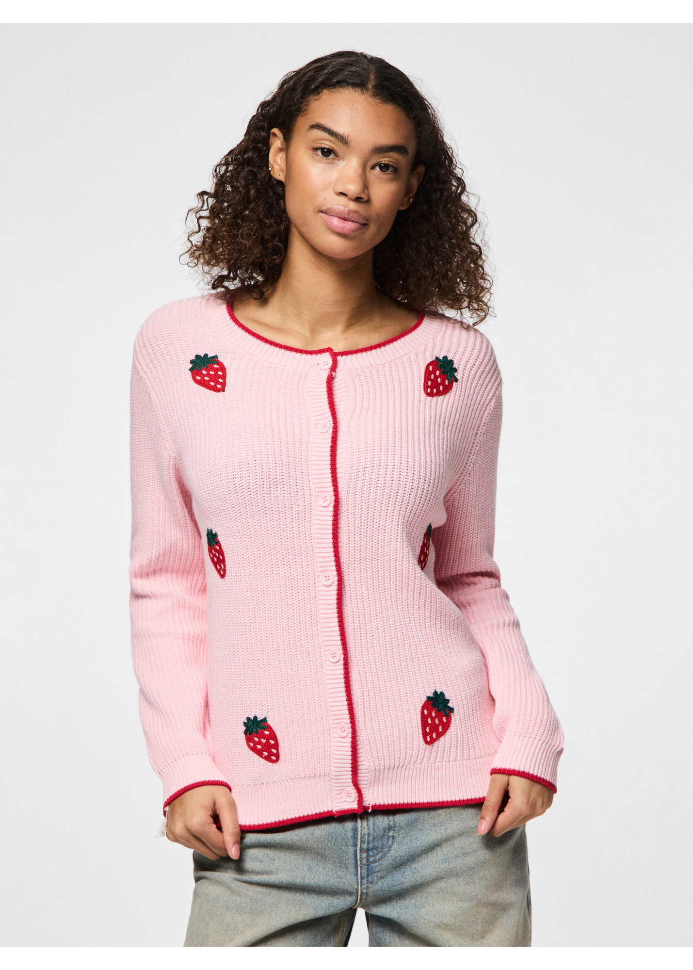 Pieces - Pink Strawberry Embroidery Cardigan