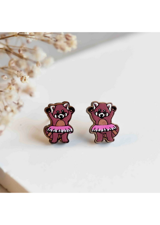 Robin Valley - Dancing Red Panda Cherry Wood Stud Earrings