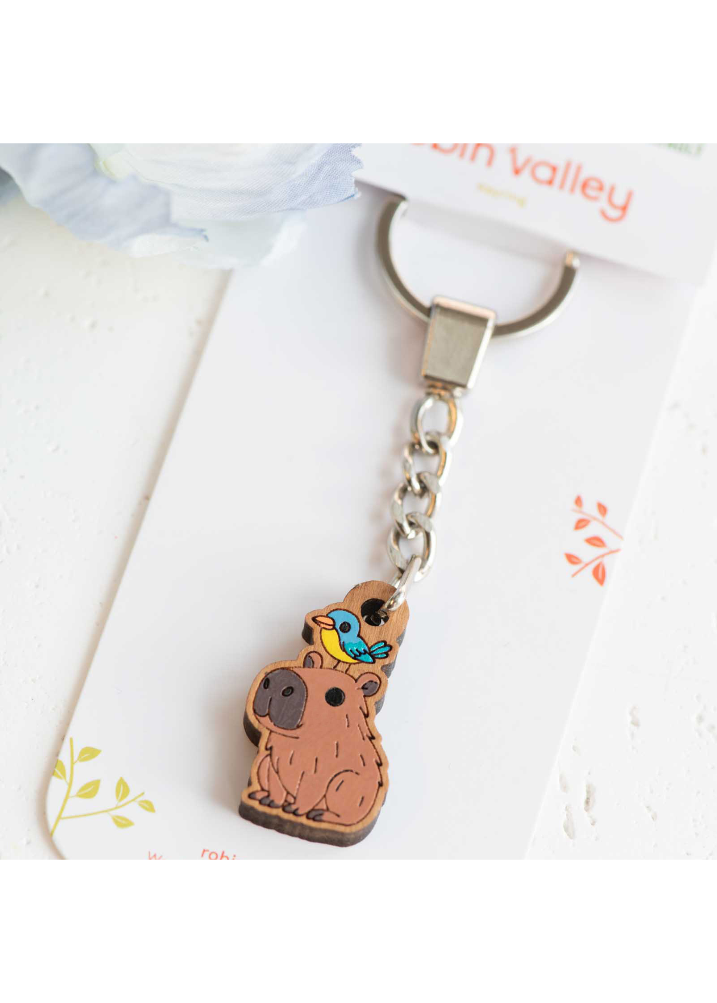 Robin Valley - Capybara Bird Cherry Wood Keyring