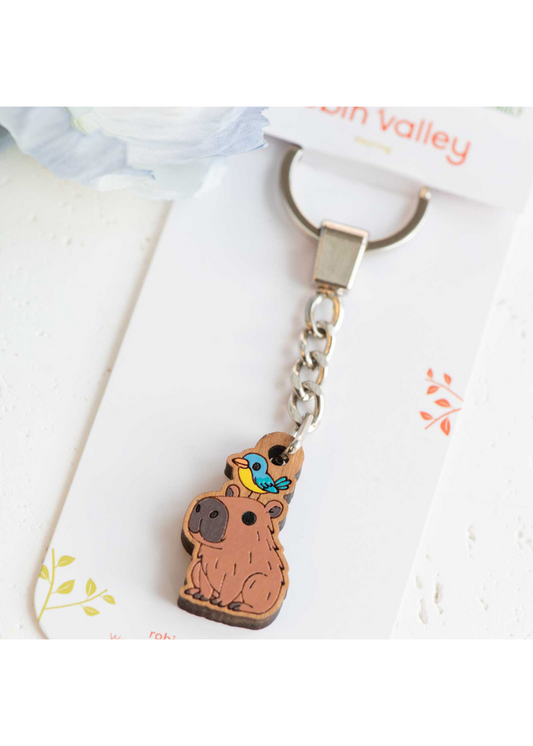 Robin Valley - Capybara Bird Cherry Wood Keyring