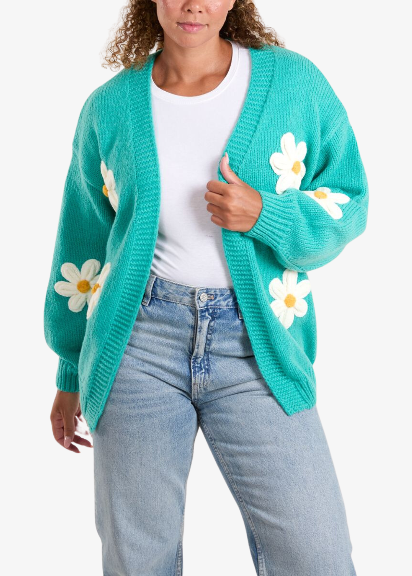 The Edit - Bright Teal Chunky Knit Embroidered 3D Daisy Cardigan