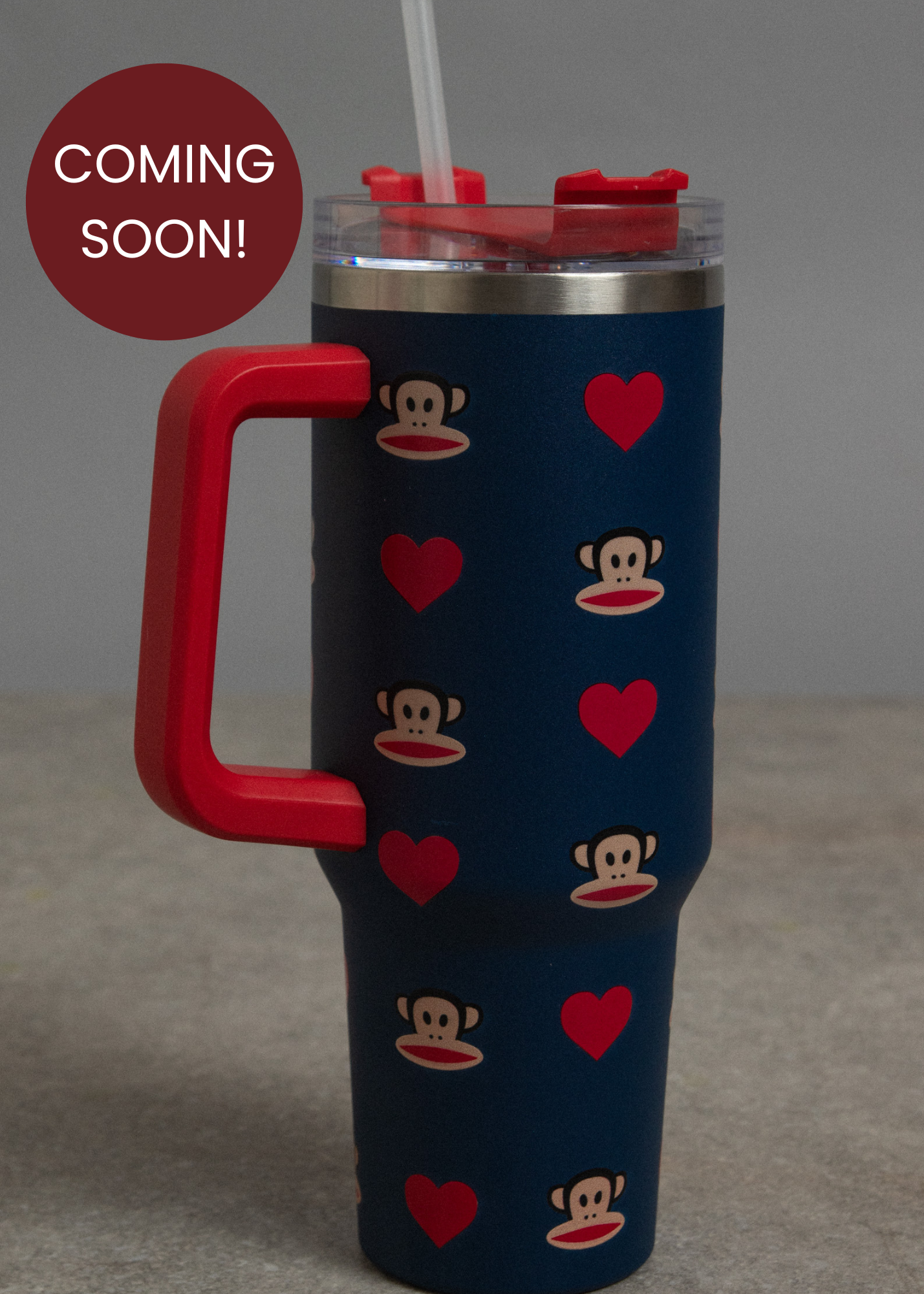 Daisy Street x Paul Frank - Navy Travel Cup with Red Handle with Julius Heart Print