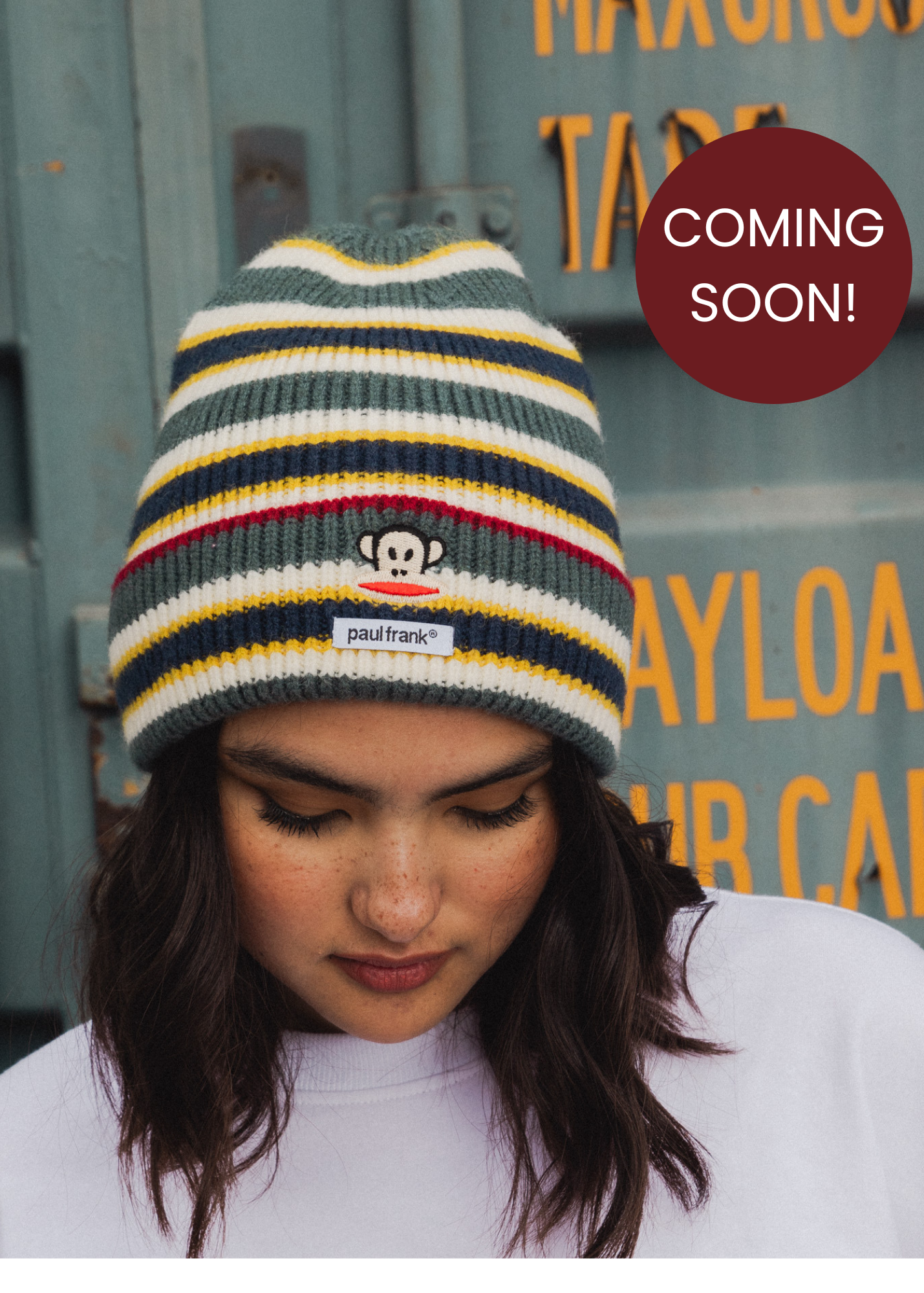 Daisy Street x Paul Frank - Knitted Stripe Beanie Hat with Embroidered Julius