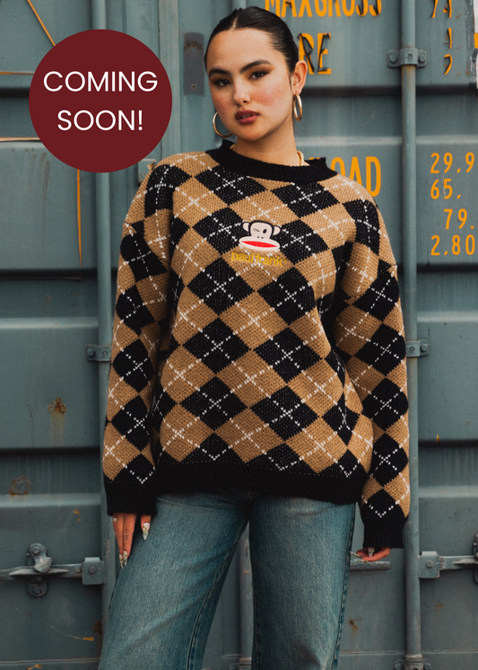 Daisy Street x Paul Frank - Knitted Brown Argyle Jumper with Embroidered Julius